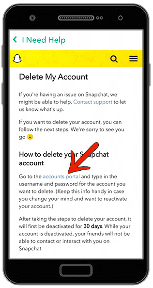 delete snapchat account accounts portal